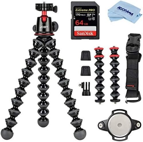 Joby GorillaPod 5K Kit + Rig Upgrade, Professional Tripod Stand with Ball Head for DSLR or Mirrorless Cameras with Lens (up to 11lbs/5kg) Black/Charcoal Bundle with 64GB SD Card, Cloth