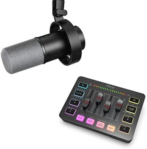 FIFINE Gaming Audio Mixer and XLR/USB Dynamic Microphone Bundle, Streaming 4-Channel RGB Mixer with XLR Microphone Interface,48V Phantom Power for Game, Voice, Podcast, Recording, YouTube (SC3+K688)