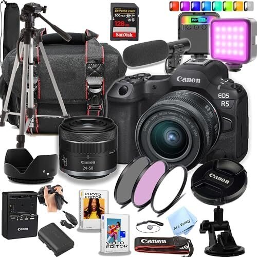 Canon EOS R5 Full-Frame Mirrorless Camera with 24-50mm Lens + 128Gb Extreme Card + Case+ Microphone + RGB Video Light + Tripod + More (Content Creator Bundle) (Renewed)