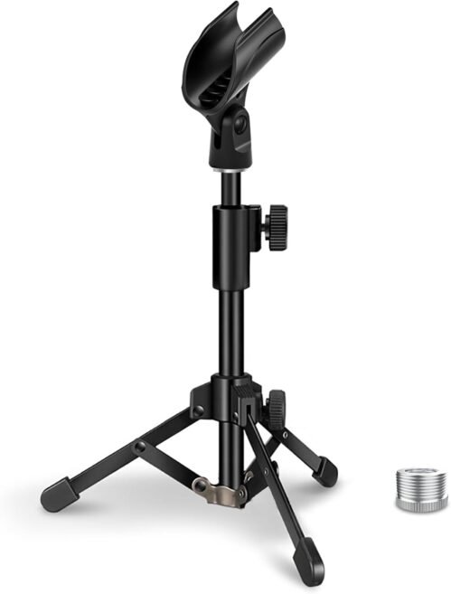 Desk Mic Stand, JCWINY Portable Foldable Microphone Tripod with Mic Clip Holder Adjustable Table Microphone Stand for Blue Yeti Snowball Spark and Other Dynamic Microphones