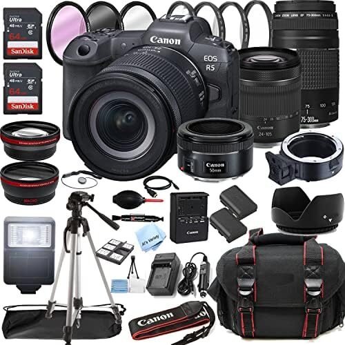 Canon EOS R5 Mirrorless Digital Camera with RF 24-105mm f/4-7.1 STM Lens + 75-300mm F/4-5.6 III Lens + 50mm f/1.8 STM Lens + 128GB Memory + Case + Tripod + Filters (43pc Bundle) (Renewed)