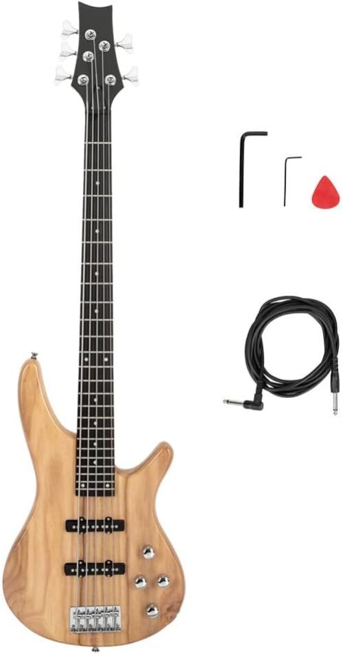 Ktaxon 5 String Electric Bass Guitar, Full Size Standard Right Handed Rosewood Fretboard Bass Kit with Gig Bag Strap Cable Wrench Tool (Burlywood)