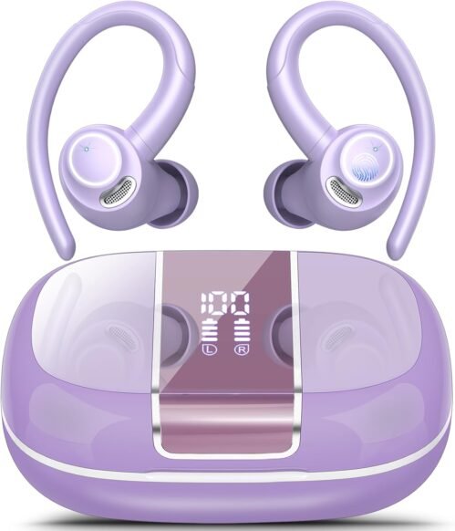Headphones Wireless Earbuds Sport, Bluetooth 5.3 Over Ear Buds Stereo Deep Bass Headset with Earhooks, 48H Wireless Earphones with HD Mic, IP7 Waterproof Earbud for Sports/Running/Workout Purple
