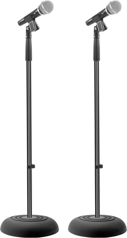 Pyle Universal Compact Base Microphone Stand – 2.8 to 5 Ft Height Adjustable Heavy Duty Lightweight Studio Floor Standing Mic Holder w/ Standard 5/8″ Mic Adapter – (Pair)