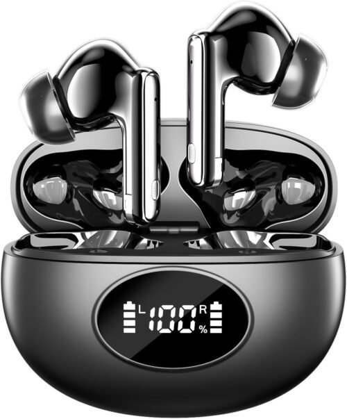 Wireless Earbuds, Bluetooth 5.3 Headphones Bass Stereo, Ear Buds with Noise Cancelling Mic LED Display, IP7 Waterproof in Ear Earphones, 36H Playtime for Laptop Pad Phones Sports Workout, Black