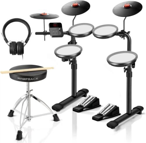 MK-0 Electric Drum Set with 7” Quite Mesh Drum Pads, 8” Full Rubber Cymbals, 12 Kits and 68 Authentic Sounds, USB MIDI, Throne, Sticks, Headphone, 2 Switch Pedals for Beginners & Kids