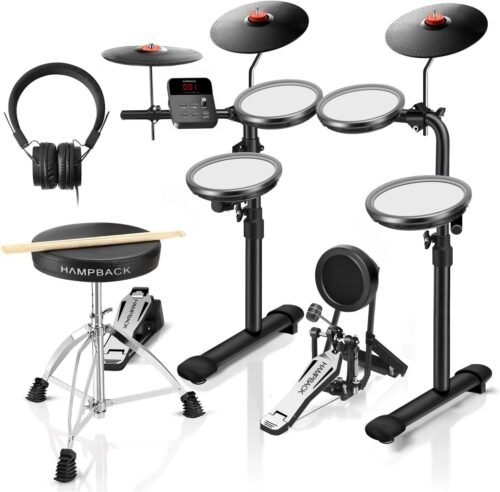 MK-0 PRO Electric Drum Set with 7” Mesh Drum Pads, 8” Full Rubber Cymbals, 5” Bass Drum, 12 Kits and 68 Authentic Sounds, USB MIDI, Throne, Sticks, Headphone, Suitable for Beginners & Kids