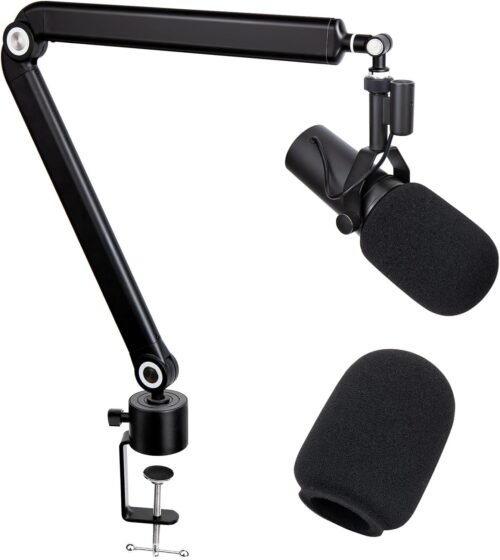 SUNMON Shure SM7B Boom Arm with Pop Filter – Free Adjustment Mic Boom Arm Compatible with SM7B Microphone, Noise reduction Mic Windscreen, Weighted Metal Height adjustment Mic Arm for Shure Microphone
