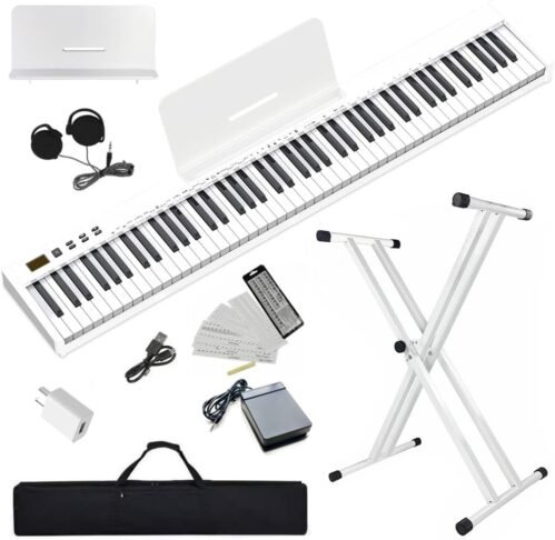 NikoMaku Piano Keyboard 88 Keys Semi-weighted Compact Portable Digital Piano Set for Beginners with Stand, Carrying Case, Sustain Pedal, Headphones, SWAN-S White