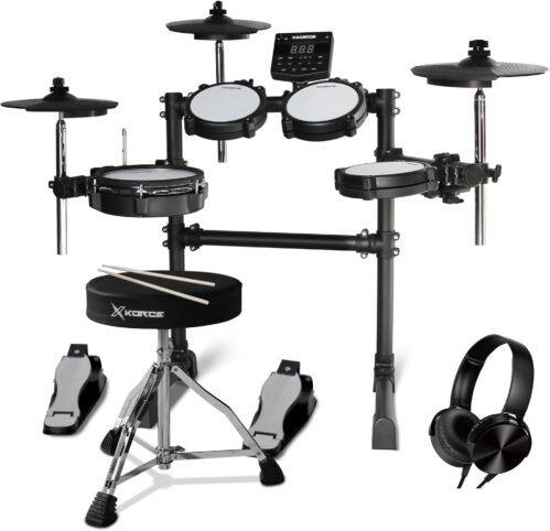 Electronic Drum Set Electric Drum Kit with 4 Quiet Mesh Pads, 360 Sounds, 2 Pedals, Headphones, Sticks, Dual Bluetooth function, Suit for Beginner