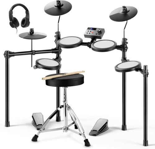Donner Electric Drum Set, DED-70 NEW Electronic Drum Kit for Beginner with 150 Sounds, 4 Quiet Mesh Pads, 9″ Cymbals, USB MIDI, Type-C Charging, 2 Pedal, Throne, Headphones, Sticks, Melodics Lessons