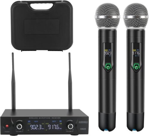 Wireless Microphone System with case, Metal UHF Dual Handheld 20 Channels Professional Cordless Mic System for Church, DJ, Karaoke,Wedding, Home KTV Set