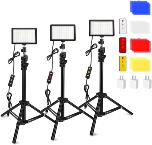 3 Packs 70 LED Video Light with Adjustable Tripod Stand/Color Filters, Obeamiu 5600K USB Studio Lighting Kit for Tablet/Low Angle Shooting, Collection Portrait YouTube Photography, Wall Charger