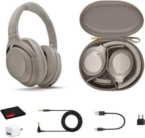 Sony WH-1000XM4 Wireless Noise Canceling Overhead Headphones with Mic for Phone-Call, Voice Control, Silver, with USB Wall Adapter and Microfiber Cleaning Cloth – Bundle
