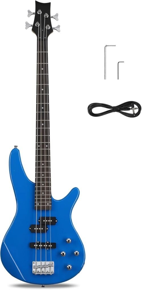 Ktaxon 4 String Electric Bass Guitar, Full Size Standard Right Handed Rosewood Fingerboard Beginner Kit with Cable Wrench Tool (Blue)