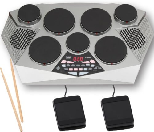 Pyle Pro Electronic Drum kit – Portable Electric Tabletop Drum Set Machine with Digital Panel, 7 Drum Pad, Hi-Hat / Kick Bass Pedal Controller USB AUX -Tom Toms, Hi-Hat, Snare Drums, Cymbals – PTED06