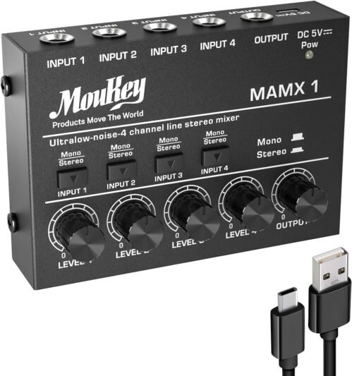 Moukey Mini Audio Mixer, DC 5V, 4 Stereo Ultra, Low Noise 4 Channel Line Mixer for Sub-Mixing, for Small Clubs or Bars, As Guitars, Bass, Keyboards Mixer, MAMX1