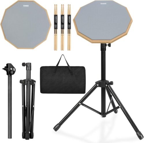 Drum Practice Pad Snare Drum Stand Set 12 In With Double Sided Silent Drum Pad, Drum sticks,Carrying Bag Adjustable Stand (Grey)