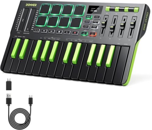 Donner DMK25 Pro MIDI Keyboard Controller, 25 Mini Key Portable USB-C MIDI Keyboard with 8 Drum Pads, OLED Display, Personalized Touch Bar, Music Production Software and 40 Teaching Courses, Green