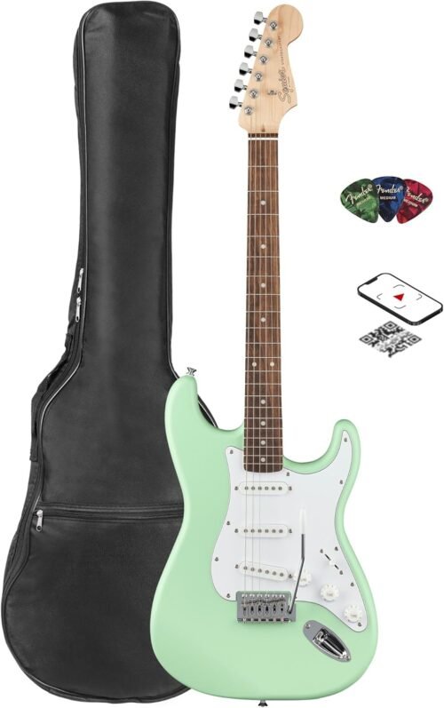 Fender Squier Stratocaster Electric Guitar – Surf Green Bundle with Gig Bag, Picks, and Austin Bazaar Instructional Video