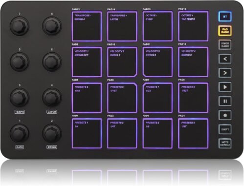 M-WAVE Wireless MIDI Controller Pads, Bluetooth Portable USB MIDI Controller with 16 MPC Drum Pads, 8 Assignable Knobs, Note Repeat, Full Level Buttons, Rechargeable battery (Black Pad)
