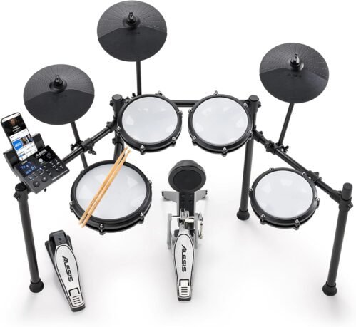 Alesis Nitro Max Kit Electric Drum Set with Quiet Mesh Pads, 10″ Dual Zone Snare, Bluetooth, 440+ Authentic Sounds, Drumeo, USB MIDI, Kick Pedal