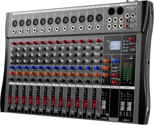 Professional DJ Audio Mixer, 12 Channel Audio Mixer, Bluetooth Sound Mixer, USB Interface, 12 XLR Mic/Line Input, AUX, FX Processor MP3, Headphone,+48V Phantom For Karaoke Studio Streaming Recording