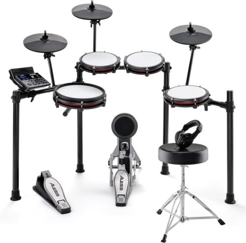 Alesis Nitro Max Kit Electric Drum Set with Quiet Mesh Pads, 10″ Dual Zone Snare, Bluetooth, 440+ Sounds, Drumeo, USB MIDI, Drum Throne and Headphones