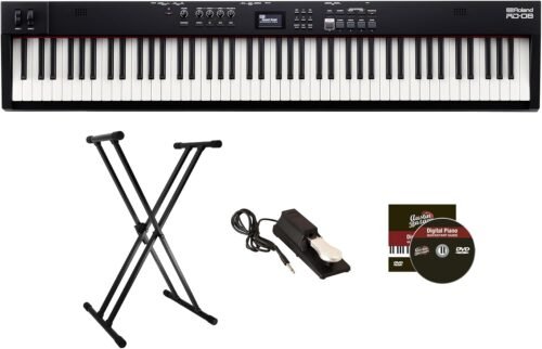 Roland RD-08 Stage Piano – Black Bundle with Adjustable Stand, Sustain Pedal, Online Piano Lessons, and Austin Bazaar Instructional DVD