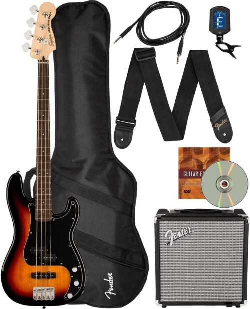 Fender Squier Affinity Precision Bass PJ – 3-Color Sunburst Bundle with Rumble 15 Amplifier, Instrument Cable, Gig Bag, Tuner, Strap, and Austin Bazaar Instructional DVD