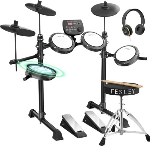 Fesley FED150W Electric Drum Set, Dual Zone Snare Drum,2 Cymbals w/Choke, 200 Sounds, 4 Quiet Mesh Drum Pads, Portable Electronic Drum Kit for Beginner, Bluetooth, MIDI, Throne, Headphone, Sticks