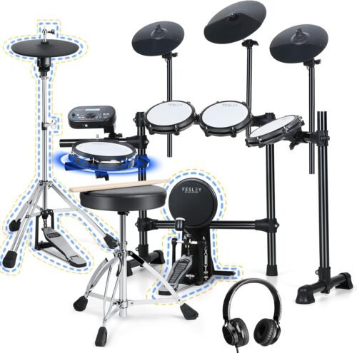 Fesley Electric Drum Set, Electronic Drum Set with 4 Quiet Mesh Drum Pads, Independent HiHat and Kick Drum Full Size Adult Drum Set, 3 Cymbals with Choke, 225 Sounds, USB MIDI, Drum Throne, and Sticks