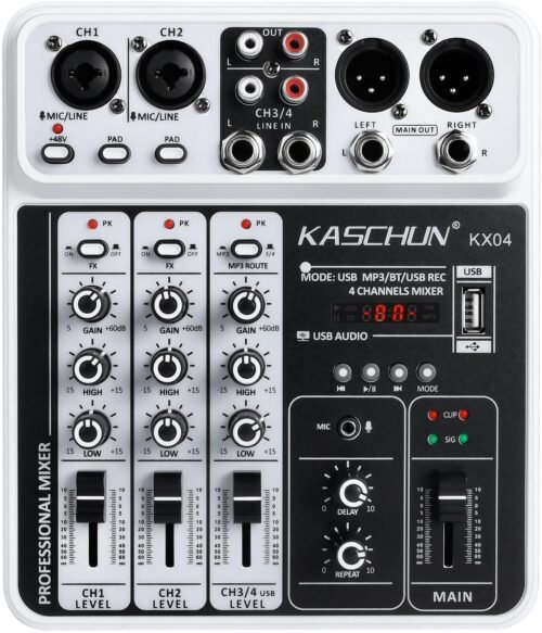 Professional DJ audio mixer, 4-channel DJ mixer, Bluetooth sound mixer, supports USB/MP3/BT computer input, 48V phantom power stereo studio audio mixer suitable for DJ studio streaming recording