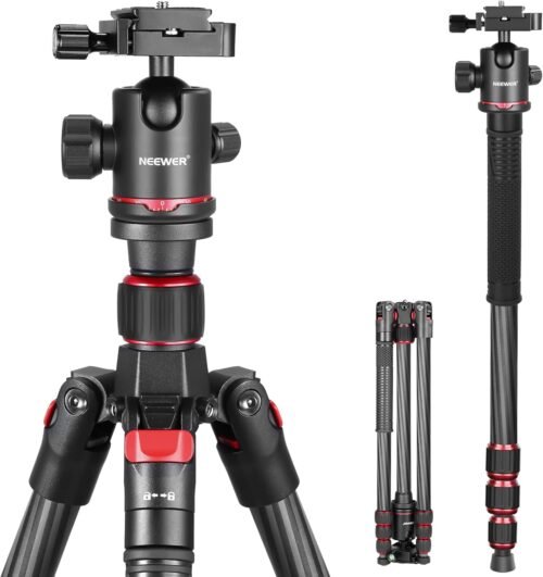 NEEWER 66″/168cm Carbon Fiber Tripod for Camera with 360° Panorama Ball Head, 1/4″ Arca QR Plate, Portable Bag, Compact Travel Tripod Monopod for DSLR Video Camcorder, Max Load 26.5lb/12kg, N55C
