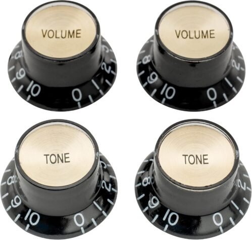 Musiclily Pro Metric Size Guitar Reflector Knobs Top Hat Bell 2 Volume 2 Tone Knob Set for Epiphone Les Paul SG Electric Guitar Asia Import Guitar Bass Split Shaft Pots, Black with Gold Top