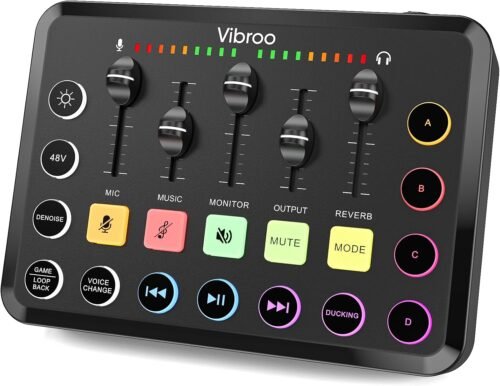 Gaming Audio Mixer, Rechargeable Audio Interface RGB PC Mixer with XLR Microphone Interface, Individual Control, Volume Fader, Mute Button, 48V Phantom Power, for Podcast/Recording