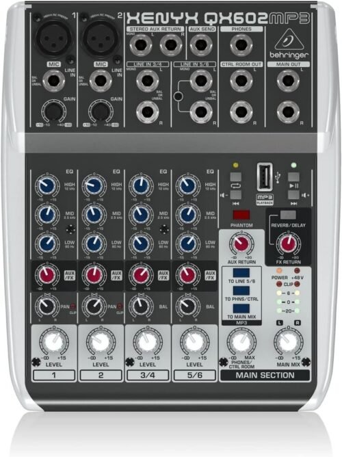 Behringer XENYX QX602MP3 Premium 6-Input 2-Bus Mixer with XENYX Mic Preamps, British EQ, MP3 Player and Multi-FX