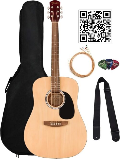 Fender Dreadnought Acoustic Guitar – Natural Bundle with Gig Bag, Strap, Strings, Picks, and Austin Bazaar Instructional Video