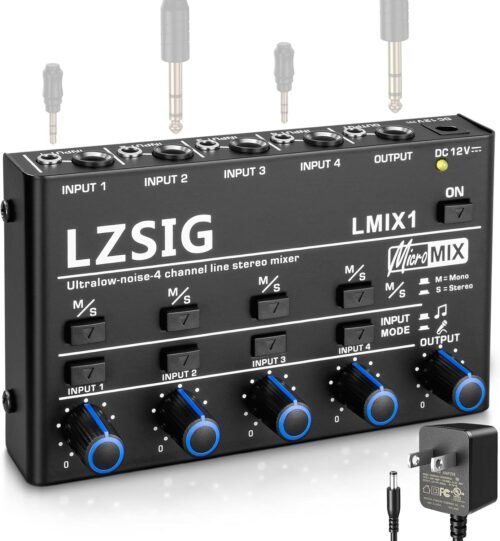 LZSIG Mini Audio Mixer,Stereo Line Mixer for Sub-Mixing,Ultra Low-Noise,4-Channel,Dynamic Microphone Independent Control, 1/4″ & 1/8″ TRS Output and Input,for Guitars,Bass,Keyboards (Small(4-Channel))