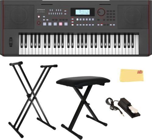 Roland E-X50 Electronic Arranger Keyboard Bundle with Adjustable Stand, X-Style Keyboard Bench, Sustain Pedal, Online Piano Lessons, and Austin Bazaar Polishing Cloth