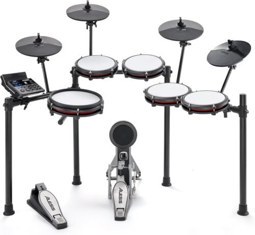 Alesis Nitro Max Kit 10 Piece Electric Drum Set with Quiet Mesh Pads, 10″ Dual Zone Snare, Bluetooth, 440+ Sounds, Drumeo, USB MIDI, Kick Pedal