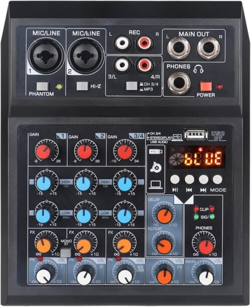4 Channel Audio Mixer, DJ Mixers Sound Board with BT, Sound Mixer Board XRL/1/4″ Interface, USB/MP3 Computer Input 48V Phantom Power Stereo Studio Streaming KTV Stage