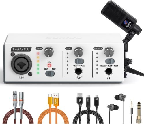 LiveMix Solo USB C Audio Interface Bundle for Recording Music, Streaming, Podcasting with XLR, Line Input, 24bit/48kHz, 48V Phantom Power, Dynamic Microphone, OTG Adapter, Silver