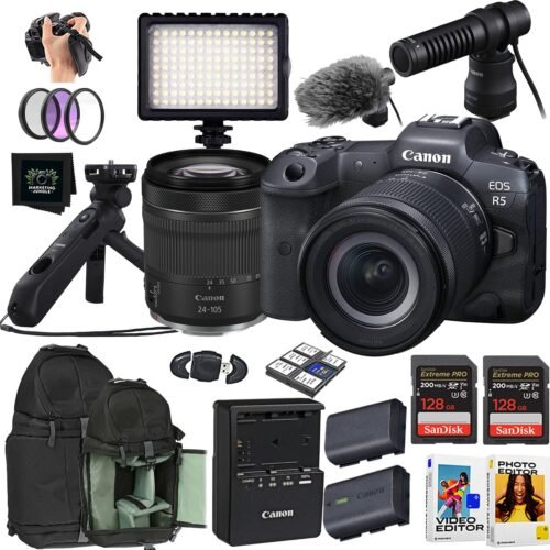 Canon EOS R5 Mirrorless Camera + Canon RF 24-105mm f/4-7.1 IS STM Lens + Canon HG-100TBR Tripod Grip + Canon DM-E100 Microphone + 2x SanDisk 128 GB Extreme Memory card + More (16pc Bundle) (Renewed)