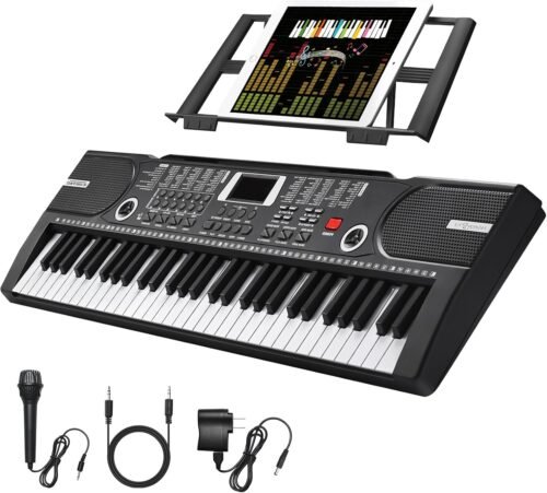 61 Key Keyboard Piano, Portable Electronic Keyboard Piano for Beginners with Speakers, Sheet Music Stand, 100 Voices, 100 Rhythms, Digital Music Keyboard