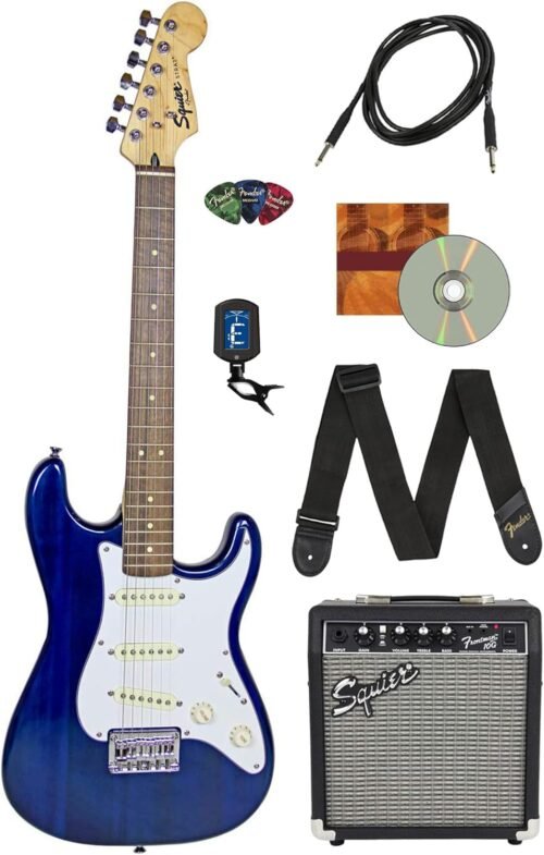 Fender Squier 24-Inch Short Scale Strat Pack – Transparent Blue Bundle with Frontman 10G Amplifier, Instrument Cable, Strap, Picks, Online Lessons, and Austin Bazaar Instructional DVD