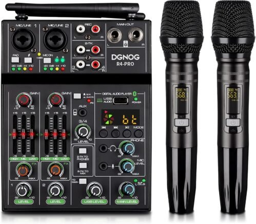Professional Audio Mixer, 4 Channel Sound Mixer With Dual Wireless Mic, Sound Board Console MP3 Bluetooth 48V Phantom Power USB Interface DJ Mixing for Home Karaoke Party Computer Studio Recording