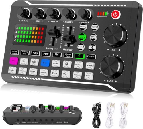 Facmogu F998 Live Sound Card Audio Mixer, Podcast Audio Interface with DJ Mixer Effects, Voice Changer with Sound Effects for Karaoke Tiktok YouTube Live Streaming Record Gaming