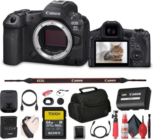 Canon EOS R5 Mark II Mirrorless Camera, 45MP, Full-Frame Hybrid Camera, 8K Video (6536C002) + 64GB SF-M Tough Series Memory Card + Bag + Card Reader + Flex Tripod + Cleaning Kit + More (Renewed)