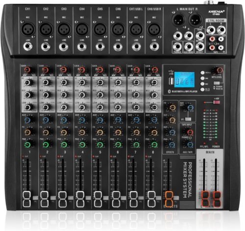 8 Channel Professional audio mixer,Audio Mixer,DJ Mixers with 48V Phantom Power,USB recording,3-Band EQ Output,with MP3 Player+Bluetooth U disk for Streaming Karaoke Party Recording(CT80S)